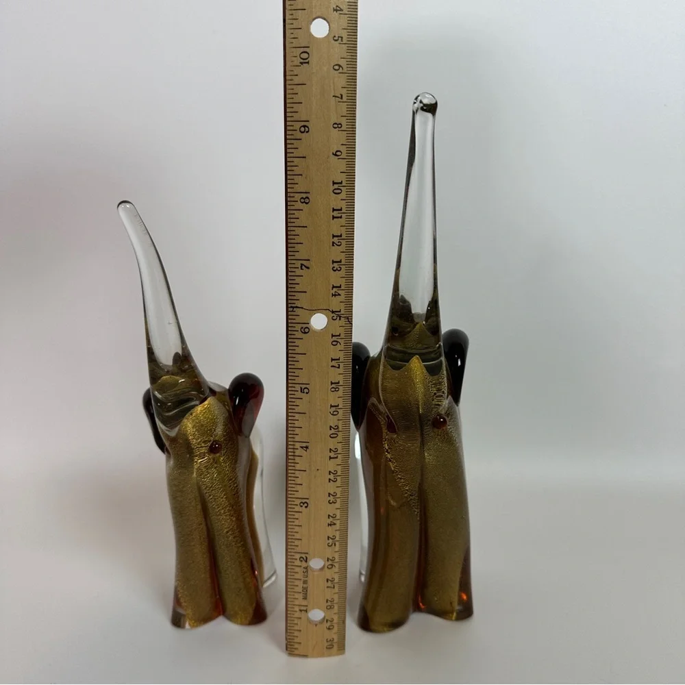 SIGNED Pair‎ of Vittorino Zane Murano Glass Elephants Gold Flecks Mama & Baby